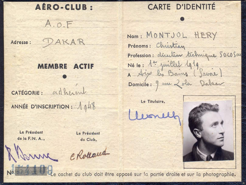 Carte de membre de l'aéro-club de Dakar délivrée en 1948 au nom de Christian MONTJOL-HERY. © Domaine Saint-Antonin
