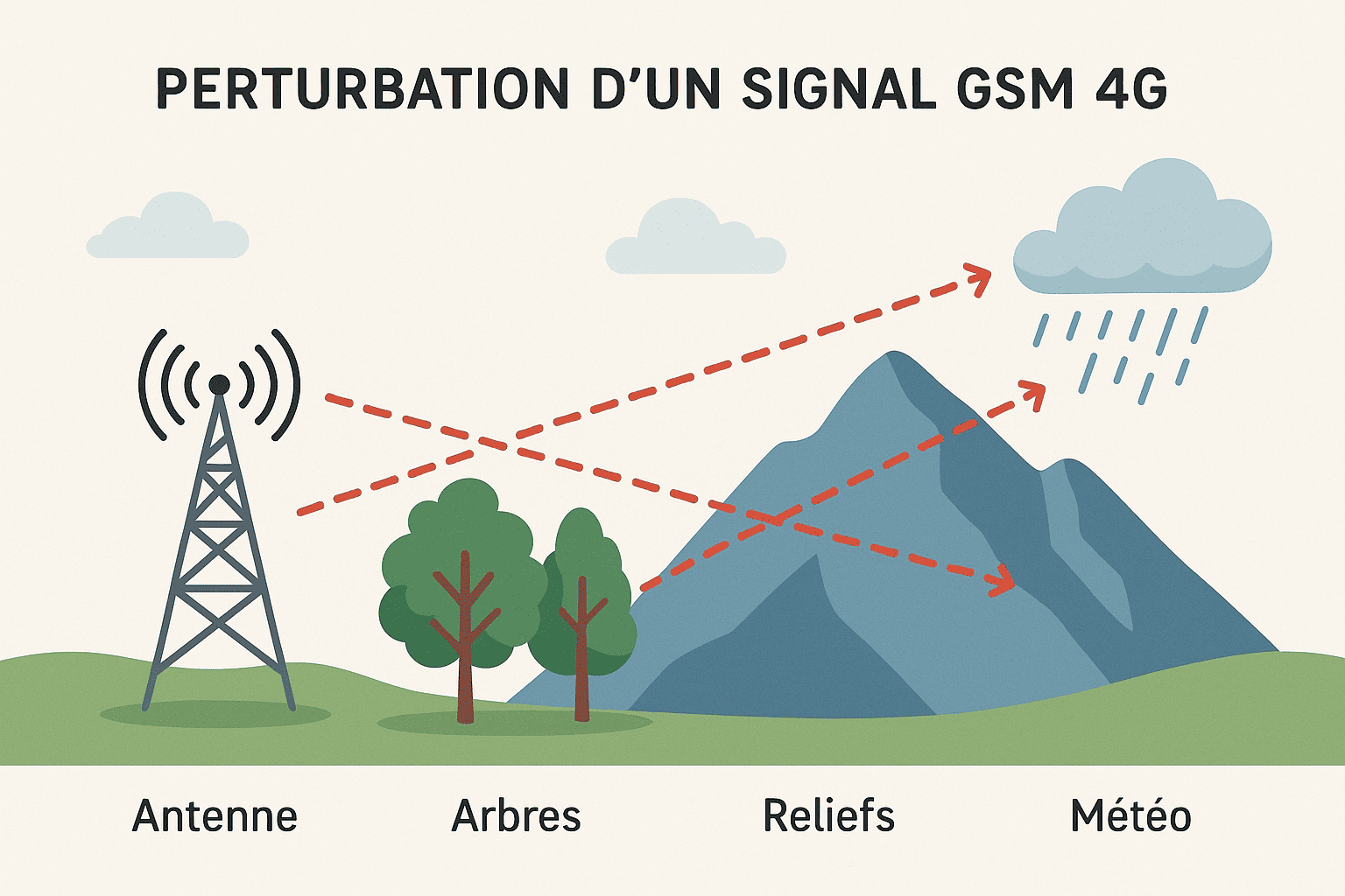 Schéma simplifié présentant les risques principaux de perturbations du signal 4G